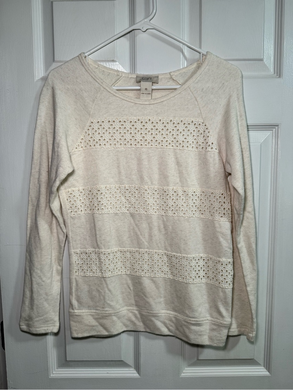 LOFT Cream Eyelet-Panel Crewneck Sweater